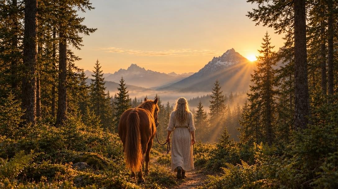 Eine Frau führt ein Pferd im Morgenlicht einen Waldweg entlang, von hinten gesehen.
