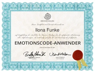 Zertifikat: Ilona Funke ist zertifizierte Emotionscode-Anwenderin, Discover Healing, 26. November 2021
